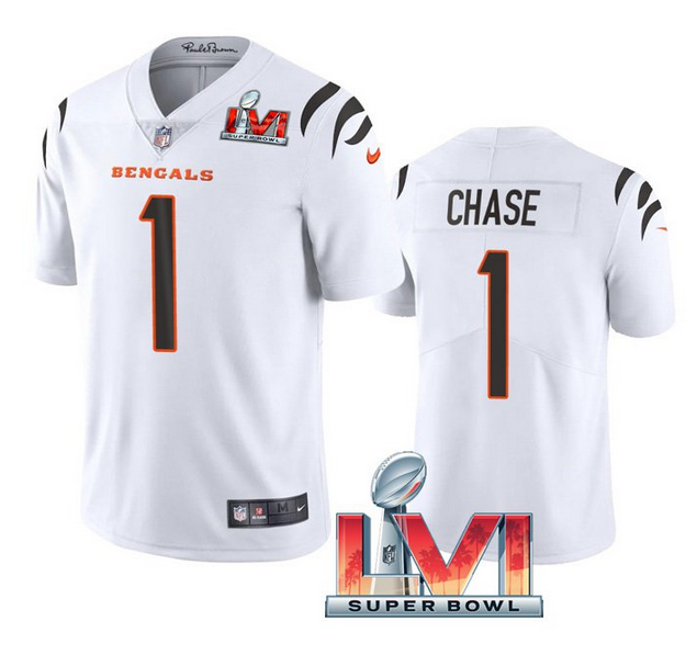 Men's Cincinnati Bengals #1 Ja'Marr Chase 2022 White Super Bowl LVI Vapor Limited Stitched Jersey Men's Cincinnati Bengals #1 Ja'Marr Chase 2022 White Super Bowl LVI Vapor Limited Stitched Jersey